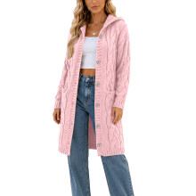 Women Hooded Open Front Cardigan Cable Knit-Light Pink XXXL