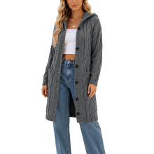 Women Hooded Open Front Cardigan Cable Knit-Dark Grey S