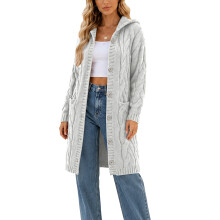 Women Hooded Open Front Cardigan Cable Knit Sweaters-Gray L