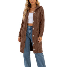 Women Hooded Open Front Cardigan Cable Knit Sweaters-Brown XXL