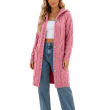 Women Hooded Open Front Cardigan Cable Knit Sweaters-Pink 5XL