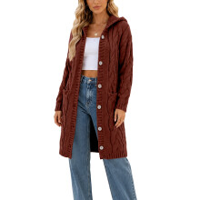 Women Hooded Open Front Cardigan Cable Knit-Burgundy XXL