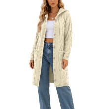 Women Hooded Open Front Cardigan Cable Knit Sweaters-Beige XXL