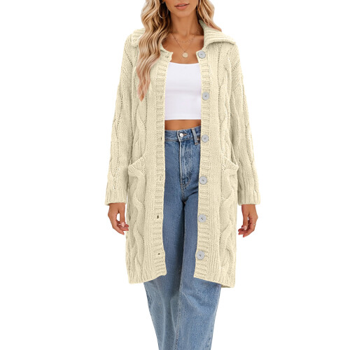 Womens Cable Knit Cardigan Sweaters Oversized Collar-Beige 5XL