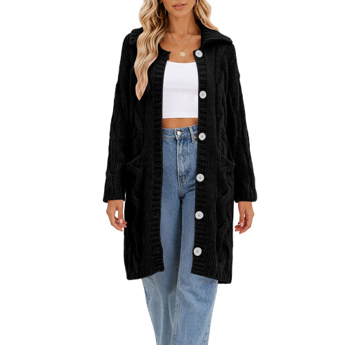 Womens Cable Knit Cardigan Sweaters Oversized Collar-Black XL