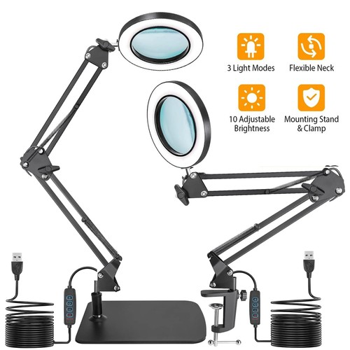 8x Magnifying Glass With Clamp And Base 3 Colour Modes For Reading Sewing Light