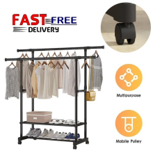 CLOTHES COAT GARMENT HANGING DOUBLE RAIL RACK STORAGE STAND ADJUSTABLE MOBILE