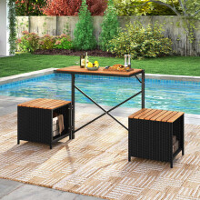 Outdoor Table Set with 2 Chairs, PE Rattan & Acacia Wood