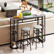 Bar Table 150cm Faux Marble, Black Metal Frame, Storage Shelves