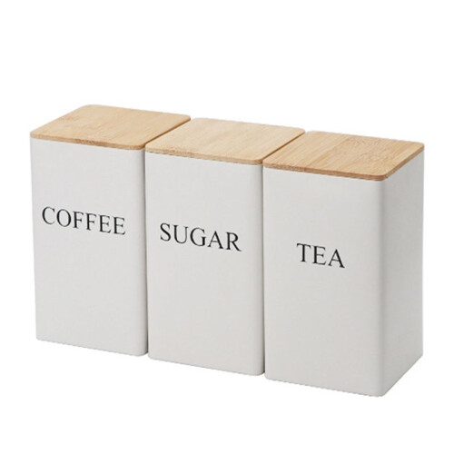 3Pcs Three-Piece Sealed Cans  Simple Style Bamboo Lid Iron Tea Can Snack Storage Coffee Bean Square Can,White 1