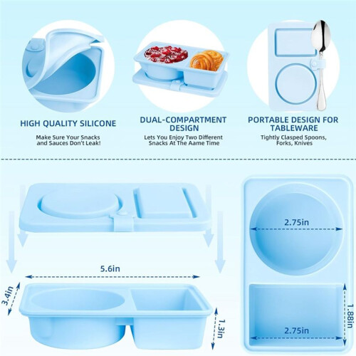 3 Pack Silicone Reusable Snack Containers with Lids, Double Compartment Snackle Box Containers, Salad Dressing 1