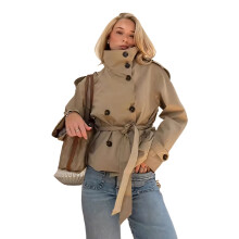 Kurzer Damen-Trenchcoat mit Gürtel, zweireihiger-Khaki M