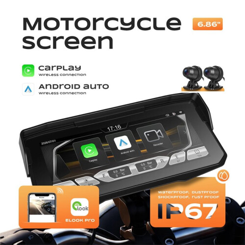 Tela CarPlay Portátil de 6,86 Polegadas para Motocicleta, Sistema de Navegação Android Auto Sem Fio com Câmera Dupla e Gravação de Vídeo 1