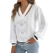 Women's V Neck Floral Hollow Out Lantern Long Sleeve-White XL