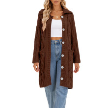 Womens Cable Knit Cardigan Sweaters Oversized Collar-Brown M