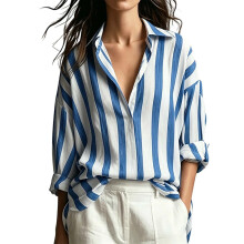Women's Striped Button Down Shirt Long Sleeve Collared-Blue XXL