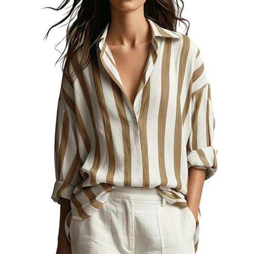 Women's Striped Button Down Shirt Long Sleeve Collared-Khaki XL