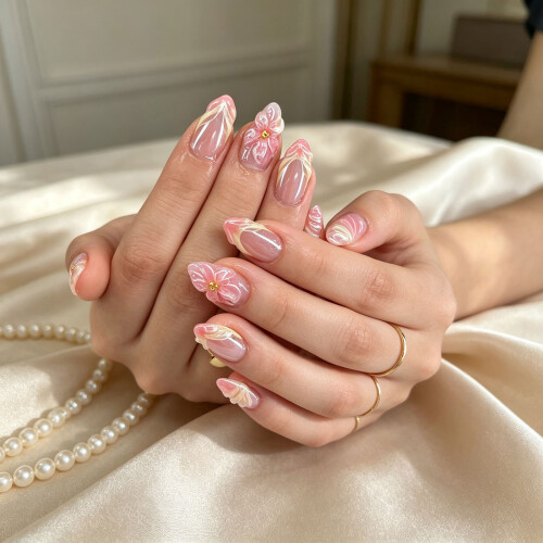Pink Gradient Press On Nail with 3D Flower Almond Shape False 1