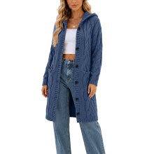Women Hooded Open Front Cardigan Cable Knit Sweaters-Blue L