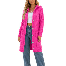 Women Hooded Open Front Cardigan Cable Knit Sweaters-Hot Pink M