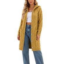 Women Hooded Open Front Cardigan Cable Knit Sweaters-Yellow 5XL
