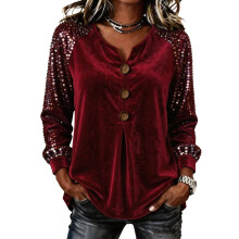 Women's long-sleeved top, shimmering belted top,-Burgundy XL
