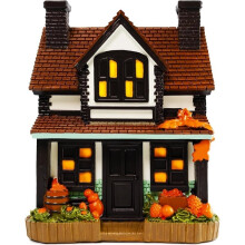 Lighted Fall Village House Decor, Resin Halloween Pumpkin Cottage Figurine with LED,for Mantel Shelf Autumn Home Decor B