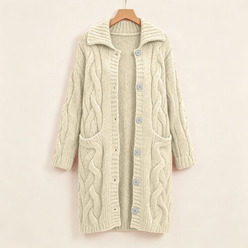 Womens Cable Knit Cardigan Sweaters Oversized Collar Long-Red S 1