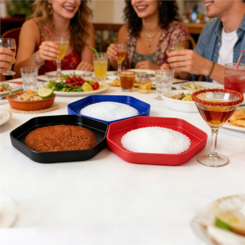 3-Piece Hexagonal Cocktail Rim Set Color-Coded, Stackable Dishes with Sponge 1