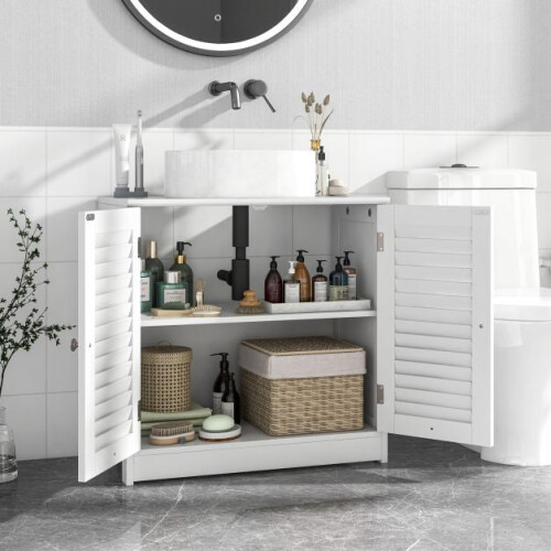White Bathroom Vanity Cabinet with Shutter Doors, 60x30x60 cm 2