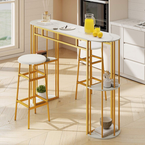 Marble-Look Bar Table, 150cm, Gold Frame, 4 Shelves 1