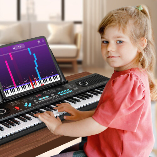 61-Key Beginner Keyboard Piano, Mic & Case, Black/Purple 2