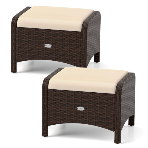 Set of 2 Brown Rattan Pouf Stools with Cushions 1
