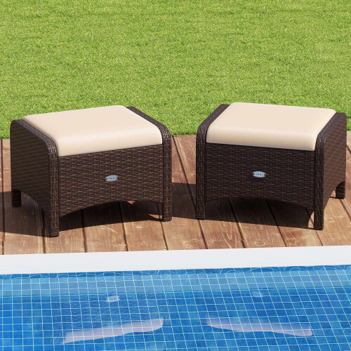 Set of 2 Brown Rattan Pouf Stools with Cushions 2