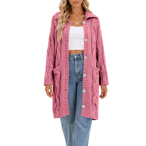 Womens Cable Knit Cardigan Sweaters Oversized Collar-Pink M