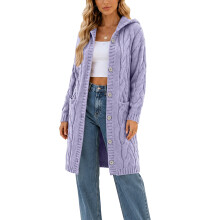 Women Hooded Open Front Cardigan Cable Knit Sweaters-Purple S