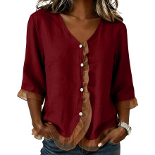 Women's V-neck 3/4Sleeve Cotton-linen Blend-Dark Red XXL