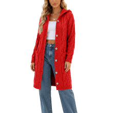 Women Hooded Open Front Cardigan Cable Knit Sweaters-Red S