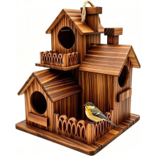 Wooden Bird Houses for Outside, 3 Compartments Villa Hanging Birdhouse, for Bluebird Wrens Finchs Backyard Garden Decor