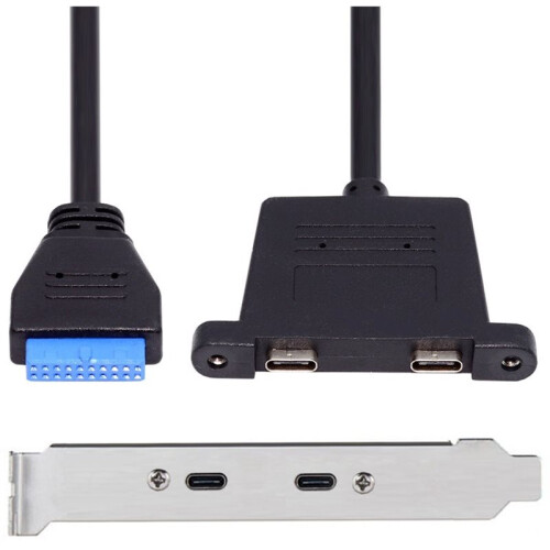 USB 3.0 Front Panel Header 19/20Pin Male to 2 USB C Female Chassis Back Panel Port Extension Cable with Bracket