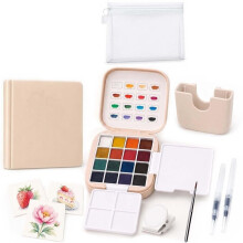 Travel Watercolor Paint Set - Pocket Water Colors Paint Kit with 16 Colors, Sketchbook, Brush, Clip,for Beginners A