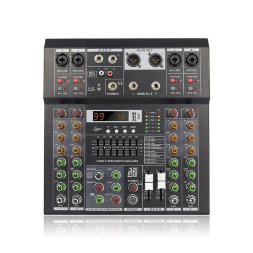 4 Channel Professional Audio Mixer Built-in 99DSP Effects 7-Band Graphic Equalizer 48V Phantom Power Console