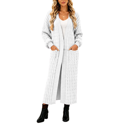 Women's Thin Type Stylish Cable Knit Cardigan with-White L