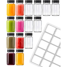 15 Pcs 2 Oz Glass Juice Bottles with Black Caps & 15 Labels, Reusable Jar with Lids for Juicing & Ginger Leak-Proof