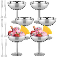 6 Set Rostfritt Stål Glasskålar för Glass Bulk Silver Dessertskålar med Gafflar 6.7oz Liten Metallfotad Kopp för Festtillbehör