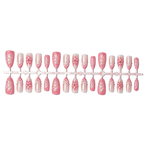 Pink Gradient Press On Nail with 3D Flower Almond Shape False