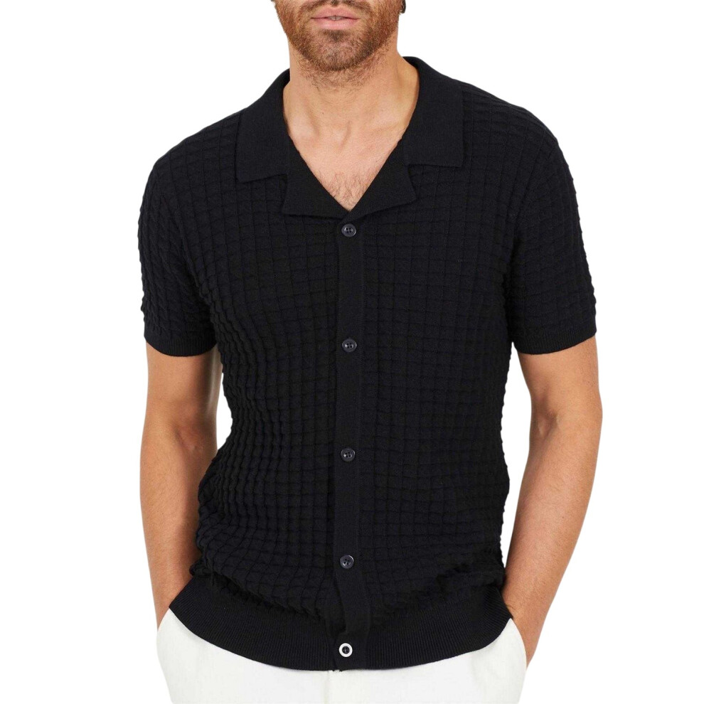 Brave Soul (L, Jet Black) Mens Jacquard Revere Collar Shirt