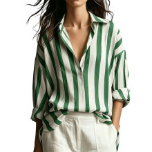Women's Striped Button Down Shirt Long Sleeve-Green XXL