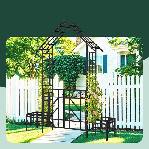Gartenbogen mit Tor und Pflanzkästen, hausförmig