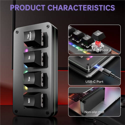 4-Key Customize Wired Voice Input Keyboard Macro Knob Copy Paste Shortcut Key Keyboard Vibecoding Keyboard Black